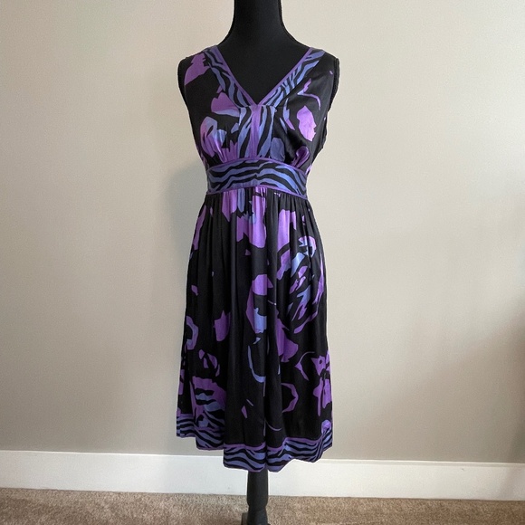 ECI | Floral Black Purple Silk Blend V-Neck Dress 8 - Picture 1 of 8